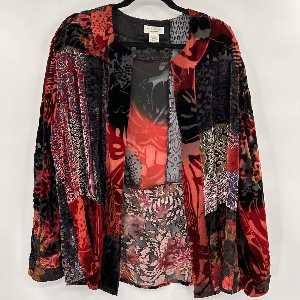 Laura Ashley Womens Velvet Burnout Whimsigoth Silk‎ Blend Jacket 1X Patchwork